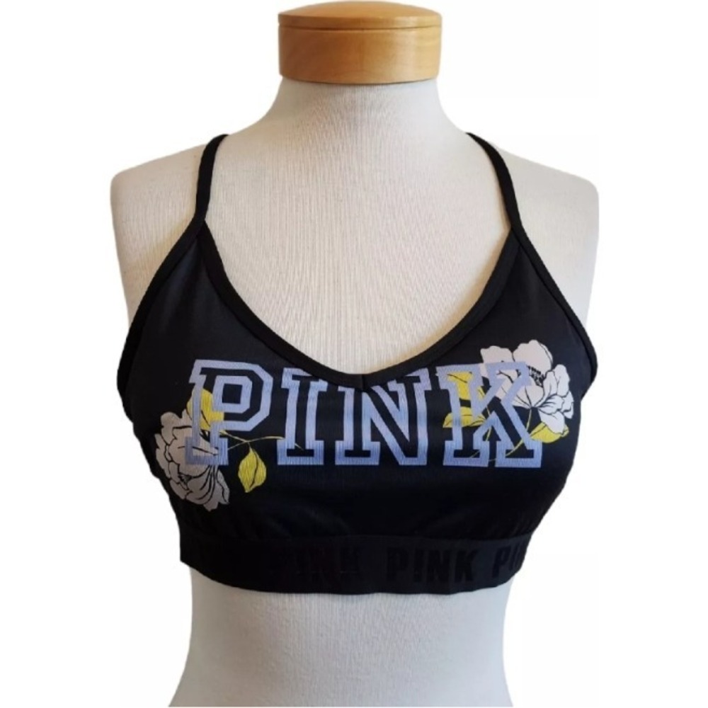 PINK Victoria's Secret Tropical‎ Floral Sports Bra Activewear Racerback Black L